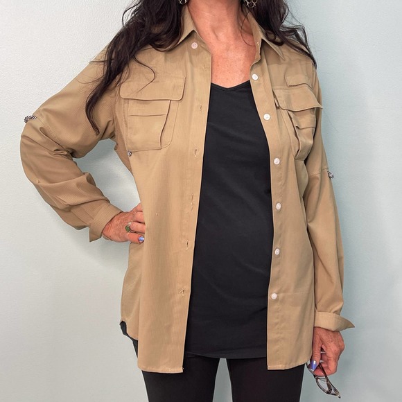 Neutral Long Button down Shirt Size Small Army Cargo Pockets Button Up Travel S - Picture 9 of 9